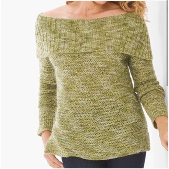 Chicos green shimmery sequin off the‎ shoulder sweater size 0 (medium) - Picture 1 of 12